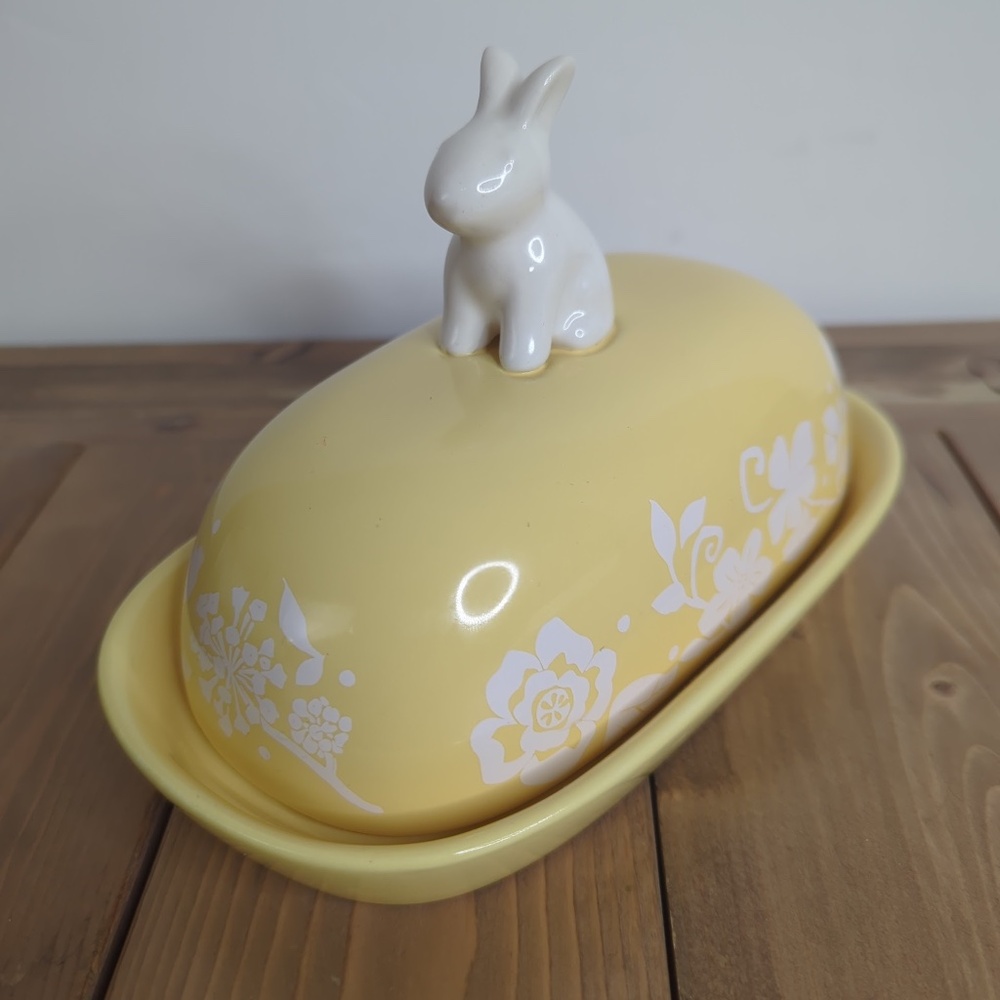 Vintage Magenta Bunny Rabbit Butter Dish – Yellow Floral Ceramic Covered  Easter